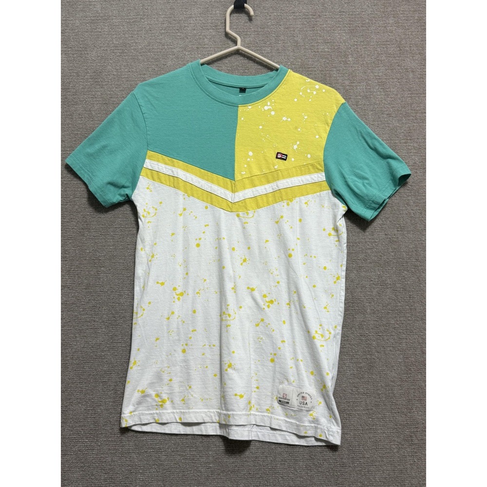 Southpole Shirt Mens Small Teal Yellow White Splatter Colorblock USA Graphic Tee